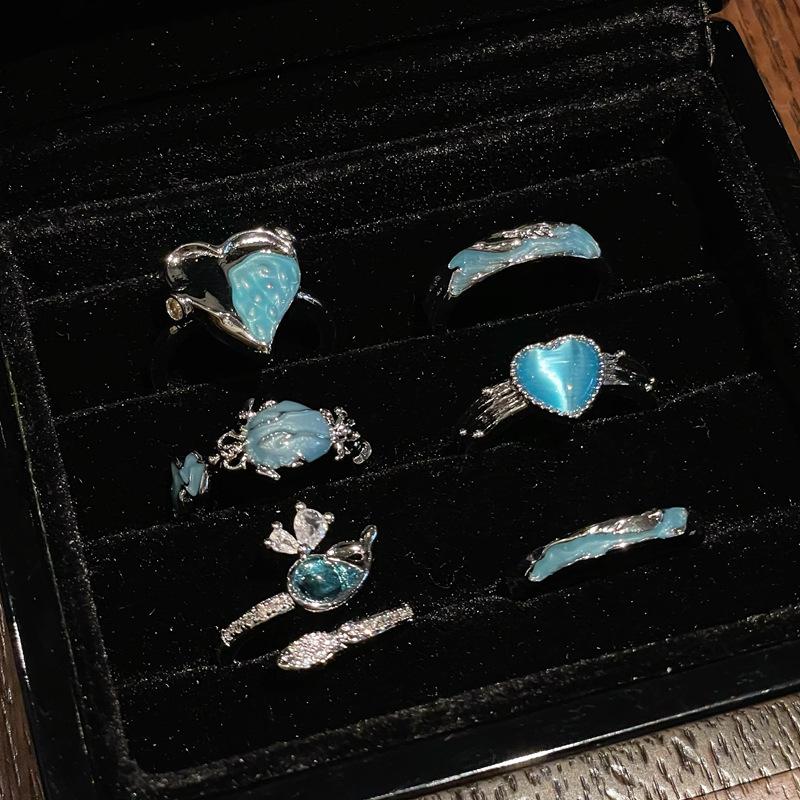 Sea Blue Fashion Dripping Oil Niche High-End Open Ring Zircon Light Luxury Love Accessories Women