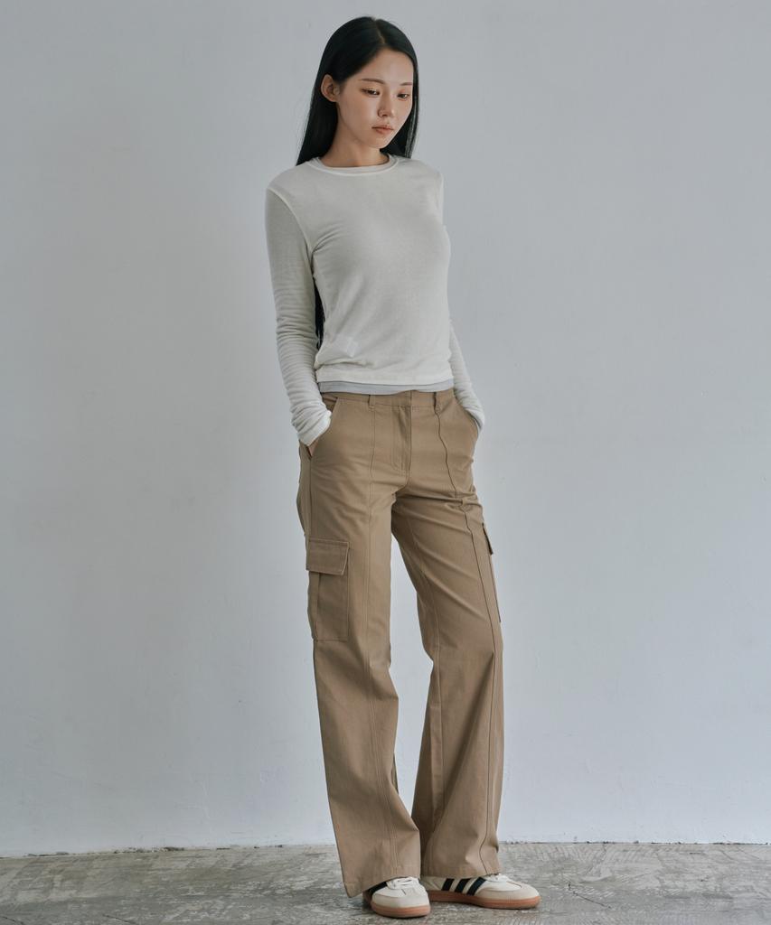 WAARFORWOMAN W1156 Cutout Straight Cargo Pants_Beige