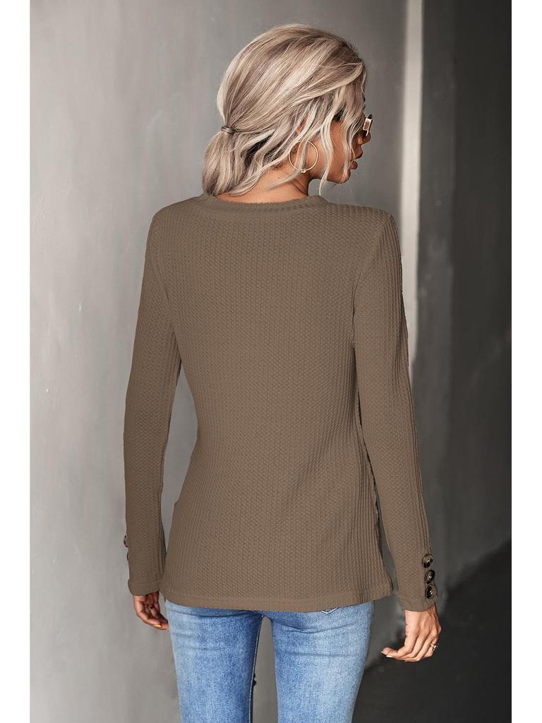 2024 Sonbahar Kadın Düz Renk Waffle Düğmeli Üst - Avrupa & Amerikan Stili