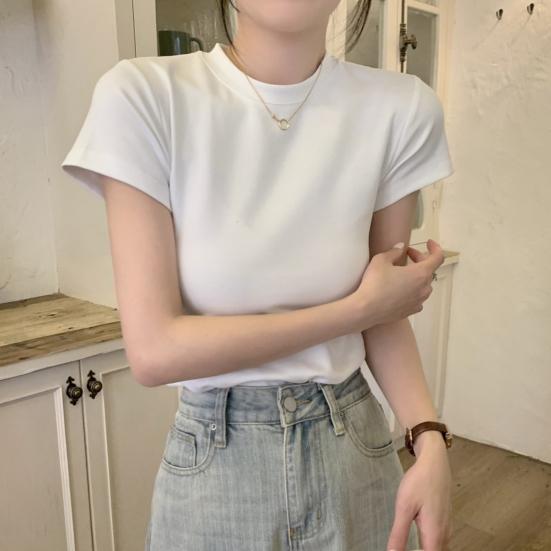Women Slim Fit T-shirt O-neck Short Sleeve Pullover Tops Solid Color Stretchy Soft Tee Shirt Streetwear