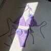 Solid Color Rose Drawstring Tie Split Two Piece Bikini Swimsuit For Women