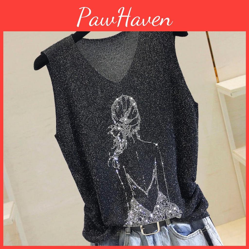 Sleeveless Vneck Silk Shiny 2023 Womens Vest Springsummer New Style Loose Fit With Hot Diamond Sling Knitted Design