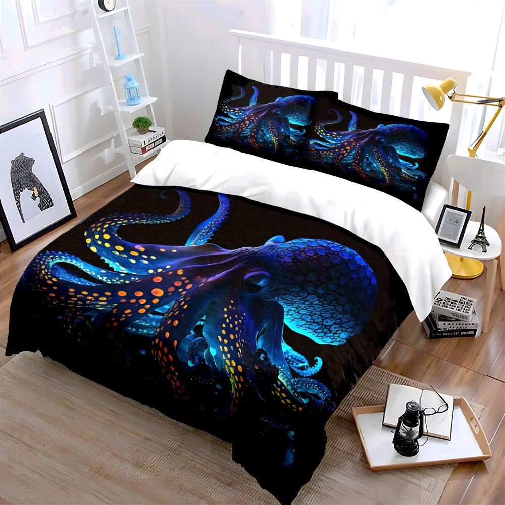 Colorful Glowing Octopus Illustration Print Bedding Set 1 Duvet Cover 2 Pillowcases For Adult Children Luxury Gift Full Size