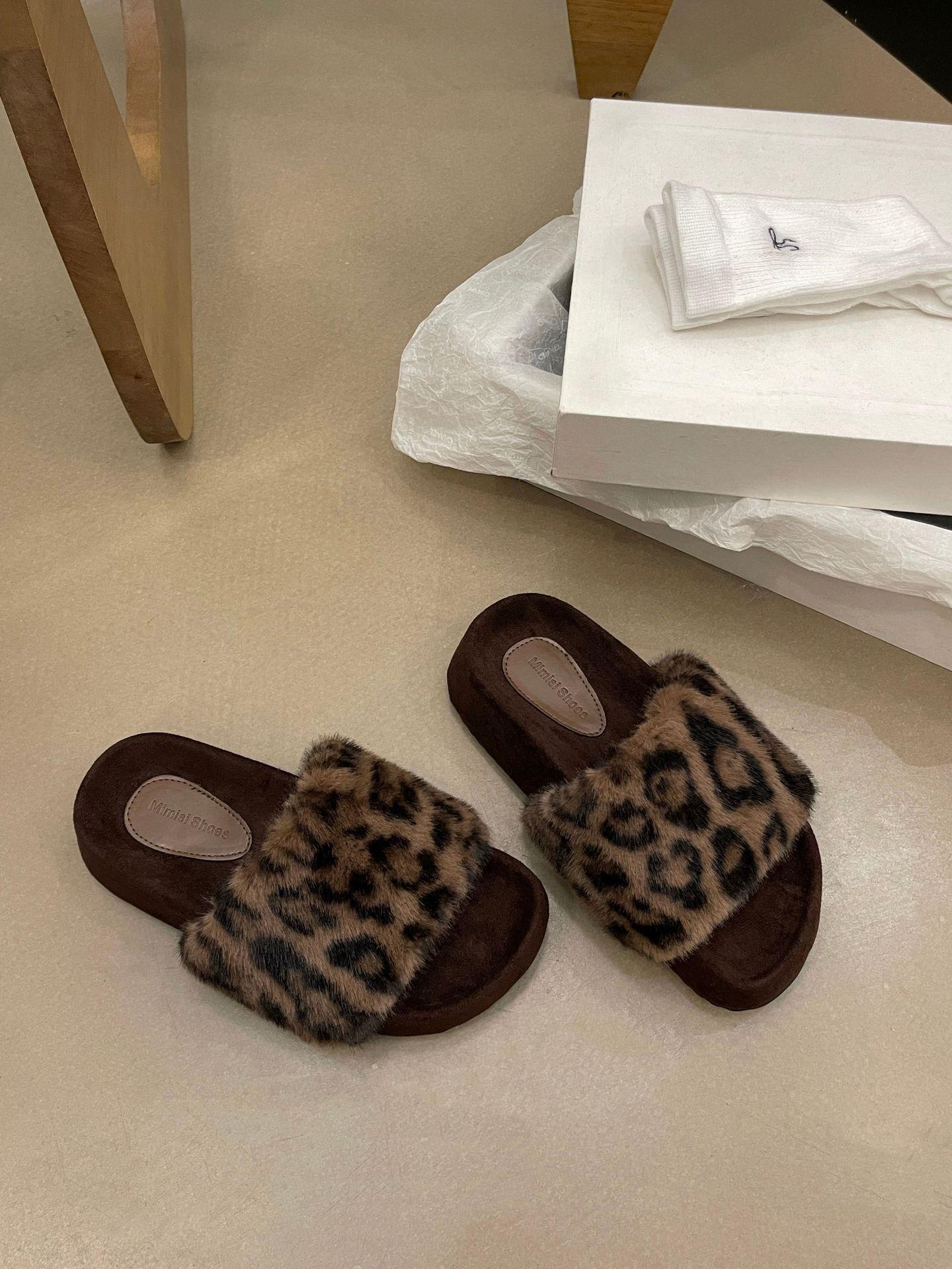 

пушистые тапочки на толстой подошве с французским леопардовым принтом для женской обуви, новинка осени и зимы 2025 39 цветной печати леопарда