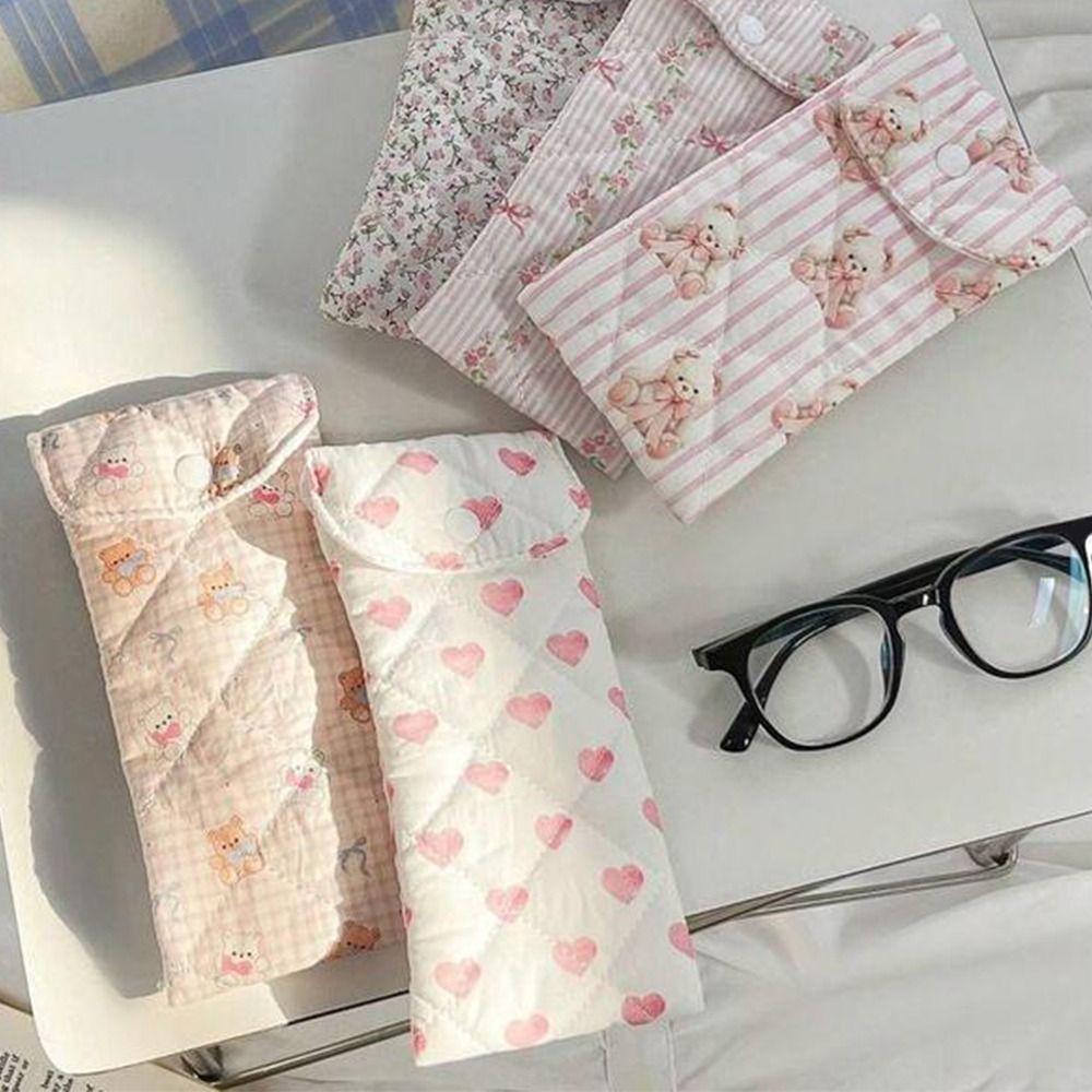 New Pink Heart Small Glasses Bag Flower Bear and Strawberry Pencil Pouch Cute Sweet Women Makeup Bag Gifts