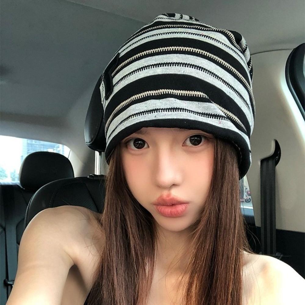 Korean Baggy Strip Hat Spring Autumn Beanie Hats Fashion Y2k Striped Cap  Women