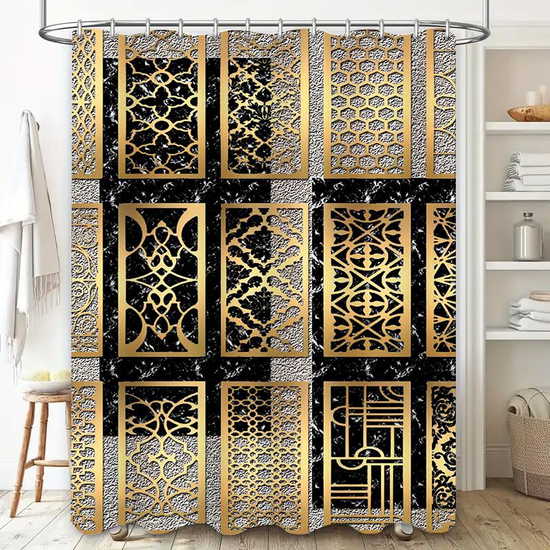 Decorative Shower Curtain Black Gold Geometric Pattern Modern Bath Decor For Home Decoration