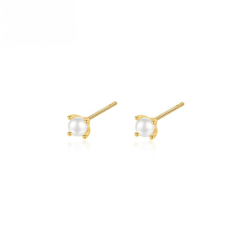 925 Sterling Silver Four-Prong Pearl Stud Earrings Minimalist Hypoallergenic Jewelry for Women золотой