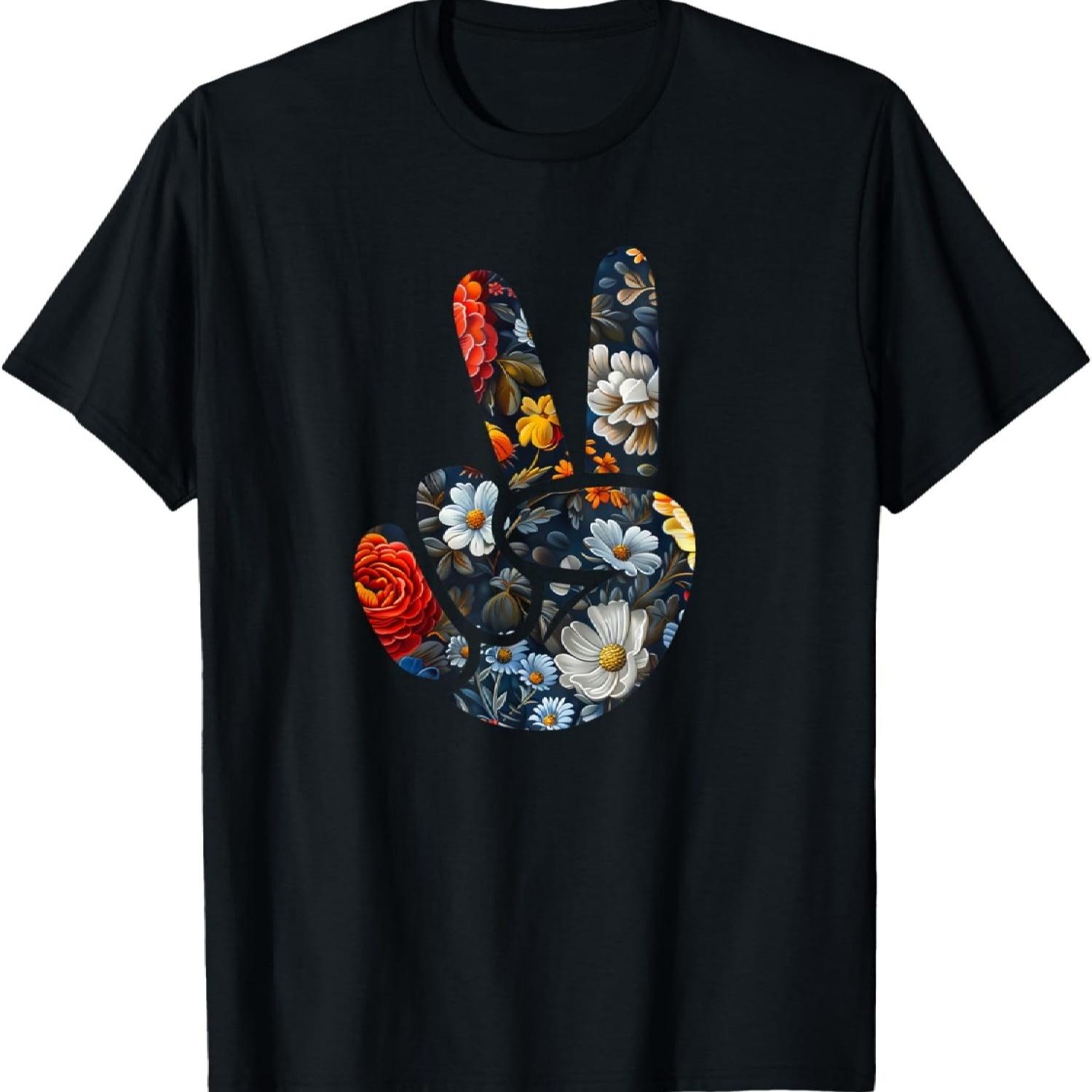 

Elegant Silhouette Wildflowers Floral Peace Sign Hand T-Shirt(35) XXXXXL