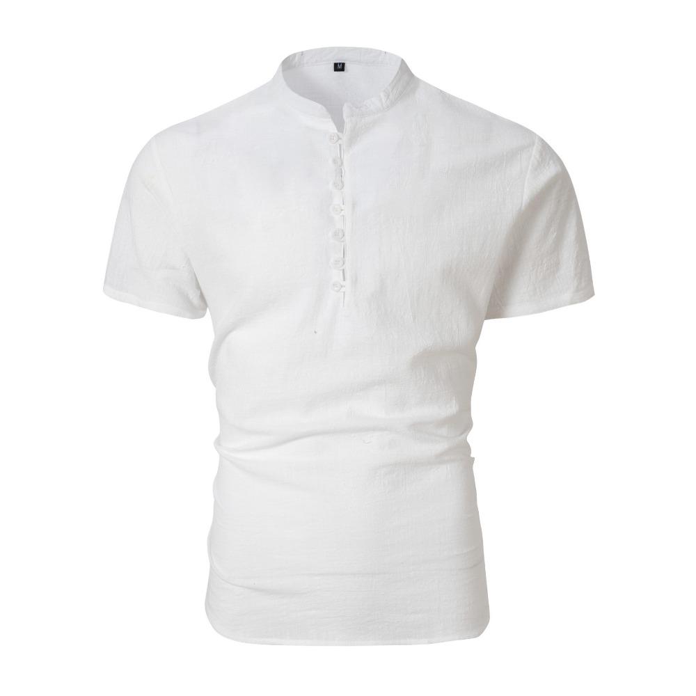 New Men's Retro Cotton Linen Casual Henry Collar Short-sleeved Shirt