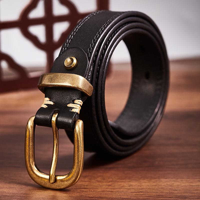 Men's Handmade Retro Leather Belt with Brass Buckle - Genuine Cowhide, Versatile and Trendy for Casual Wear