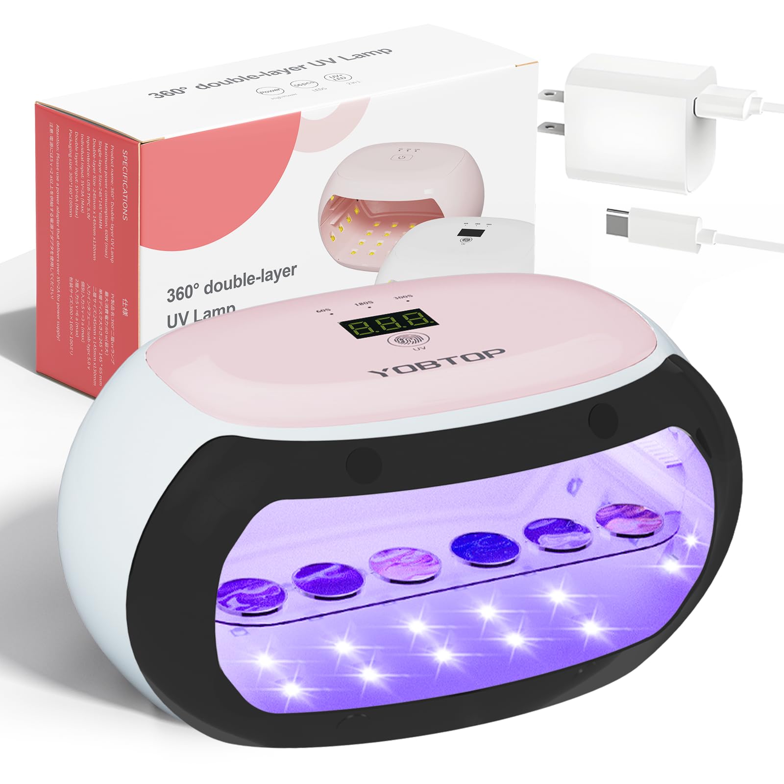 

YOBTOP 60W UV Light for 56 UV 4 Time Settings 600 UV Powerful Resin Curing for Gel DIY and Jewelry Dual-Sided Resin, LEDs, Shade, (60, 180, 300, белый