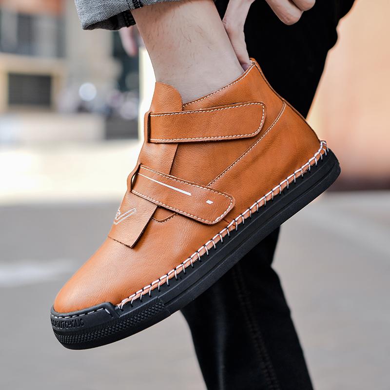 Fashion Italian Genuine Leather Boots British Style Round Head High Top Shoes Casual Platform New In Mens Luxury Slip on Shoes Handmade