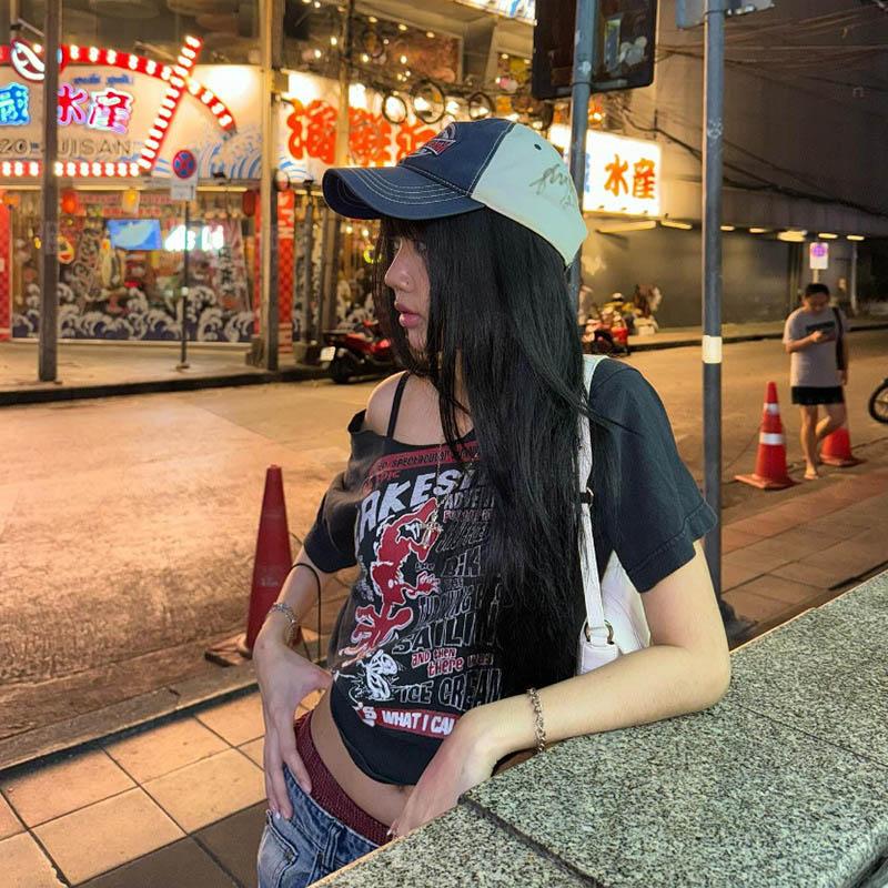 Gothic T-Shirt Y2k Buchstabenprint Off-Shoulder Punk T-Shirts Damen Harajuku Sommer Streetwear Grunge T-Shirt Ästhetische Sexy Crop Tops