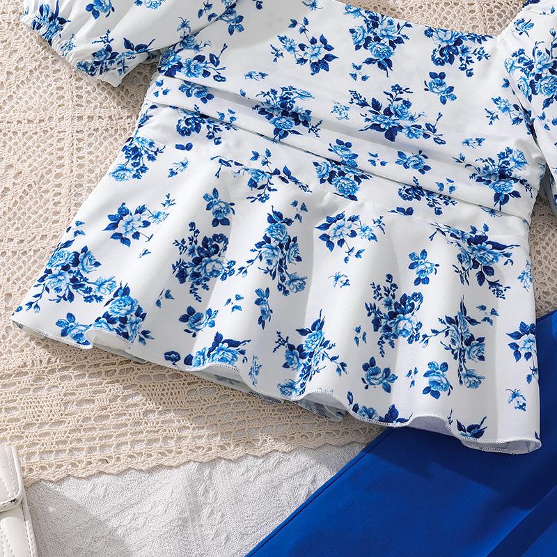 Módní modrá souprava pro dívky: Jarní/Letní Dětský Elegantní Top a Široké Kalhoty Dvoudílná Sada