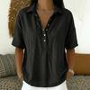Women Shirt Lapel Buttons Half Placket Short Sleeves Casual Blouse Pure Color Loose Fit