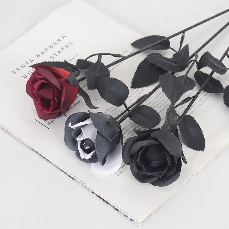 Schwarze Magie Künstliche Rose Einzelstiel Halloween Dekoration Kunstblume, 3 Stück