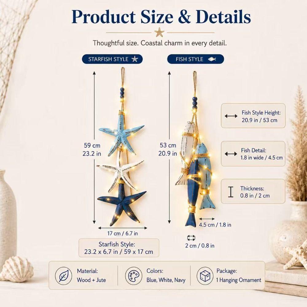 Hanging Lighted Wooden Fish Wall Decor Mediterranean Decorative Starfish  Restaurant Wall Art
