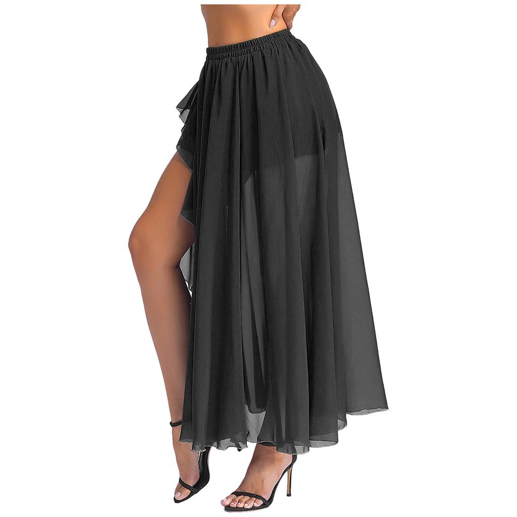 Gonna Chiffon Danza del Ventre da Donna Vita Elastica Volant a Cascata Spacco Laterale Costume da Ballo Svasato