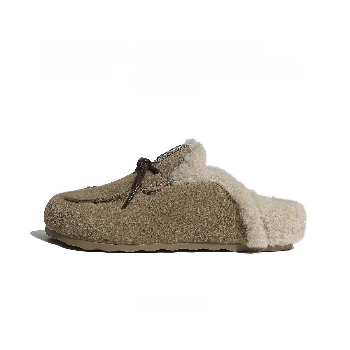 

Soft leather version~ thick-bottomed velvet baotou half-drag women 2025 winter new Mori retro versatile Birkencotton slippers 35