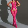 Women Halter Strap Heart Pattern See Through Mesh Open Crotch Sexy Lingerie Bodysuit