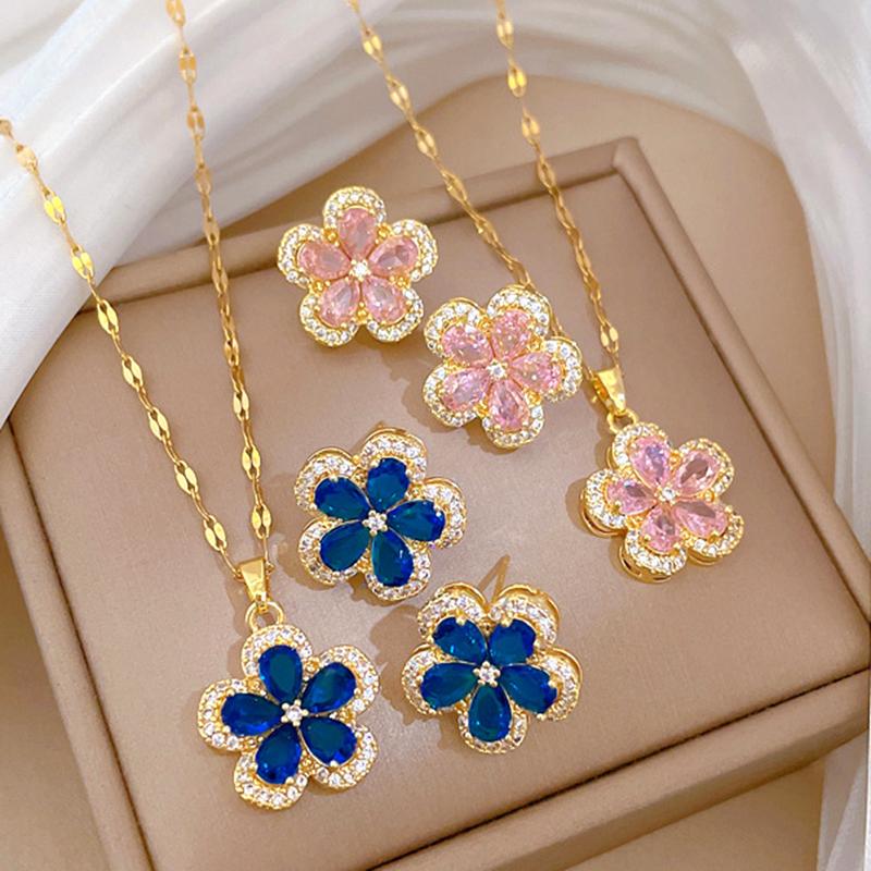 Quality Zircon Flower Pendant Choker Necklace And Earrings Set Stainless Steel Chains Bridal Wedding Prom Fashion Jewelry