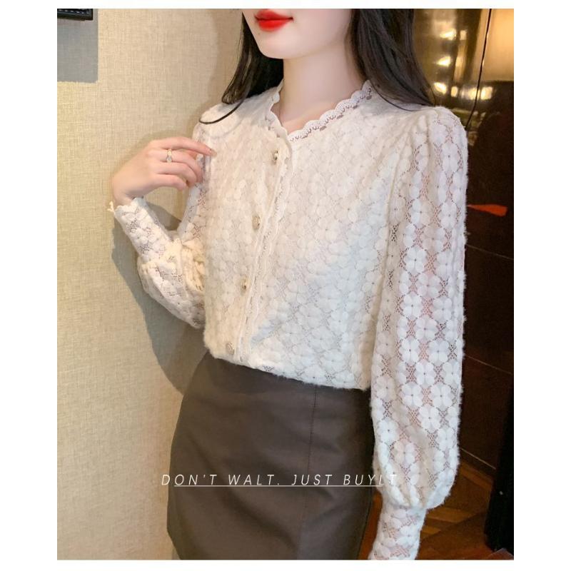 

Французская рубашка из кружева с вышивкой для женщин на осень и зиму, плюс бархатный ажурный топ с круглым вырезом и длинным рукавом S имбирный