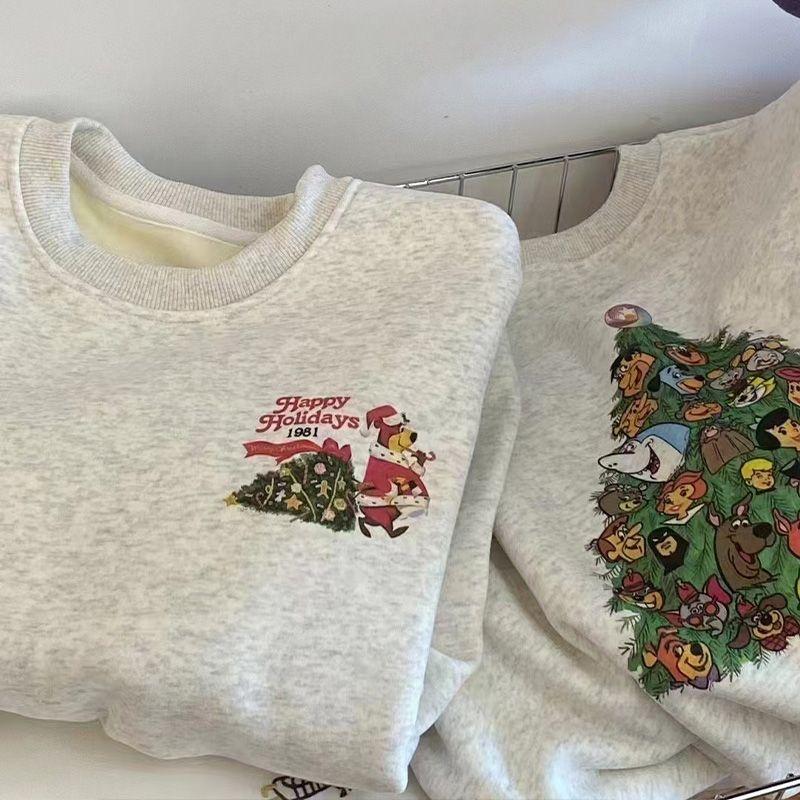 

Fashion Cartoon Fun Christmas Tree Print Loose Round Neck Sweatshirt Long Sleeve Versatile Pullover L белый