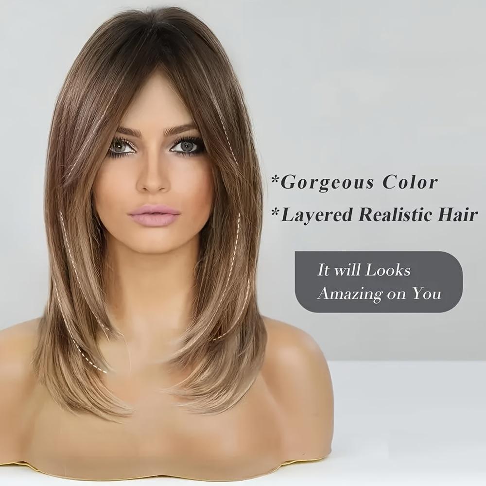 Parrucca Lunga Ondulata Moda Donna, Capelli Sintetici in Fibra Sintetica ad Alta Temperatura, Frangia a Tenda Castana Balayage