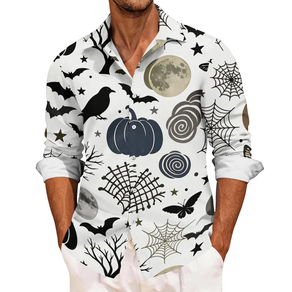 Men's Casual Long Sleeve Halloween Print Shirt Button Down Collar Relaxed Fit Lightweight Breathable Fabric Casual Sport Shirt