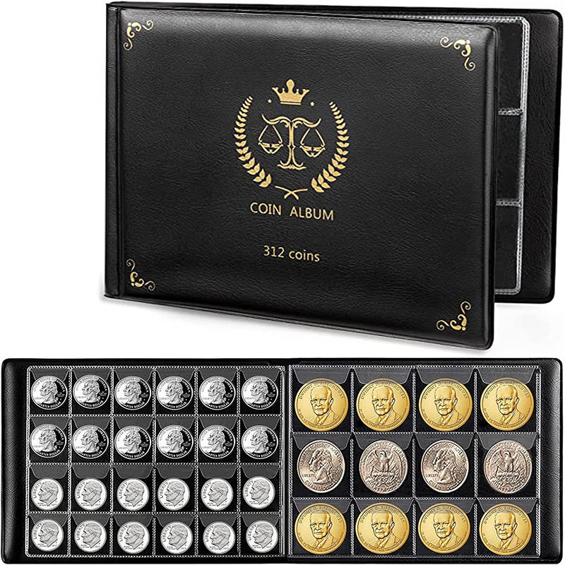 Black 312-Grid Coin Collection Album - Large Small Pocket Combinatio for Commemorative Circulation Coins Protective Display Binder
