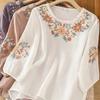 Tops d'été en coton et lin pour femmes, broderie florale, rétro, amples, col rond, t-shirt pour femmes