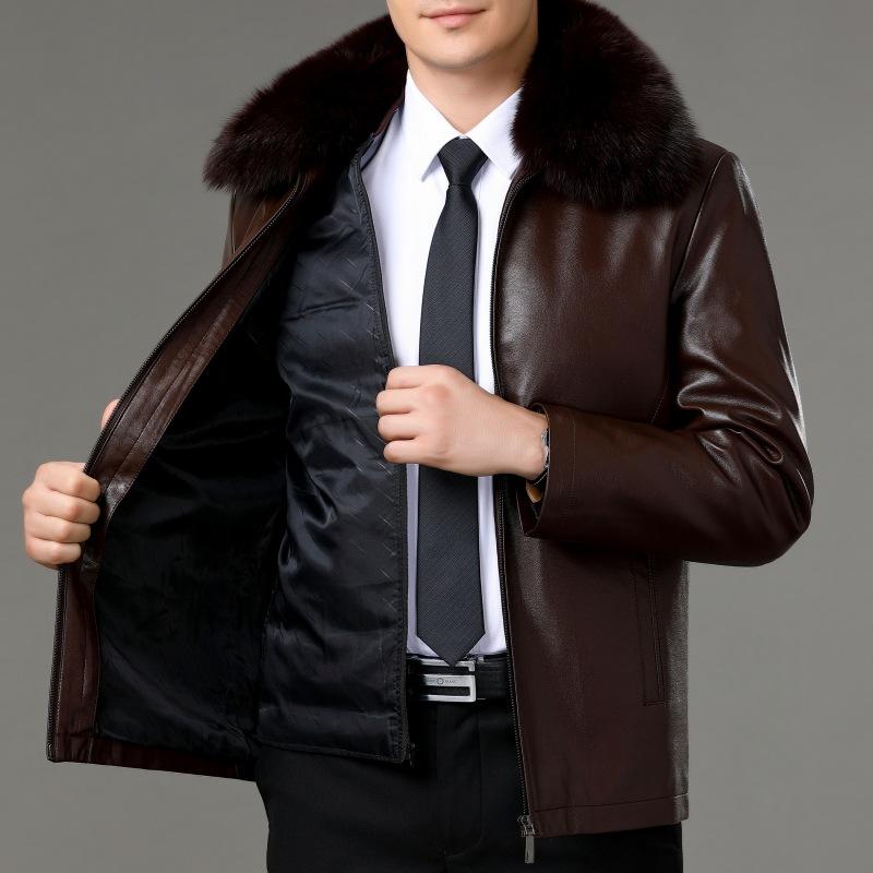 Fox Fur Genuine Leather Jacket with Detachable Down Lining, Winter New Middle-aged and Elderly Dad Wear Lapel Leather Jacket