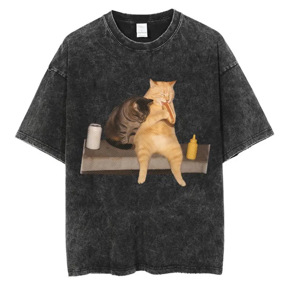 Retro Washed T Shirt Funny Online Meme Cats Meme Graphic TShirt Funny Short Sleeve Tshirt Unisex Women Casual T Shirts S