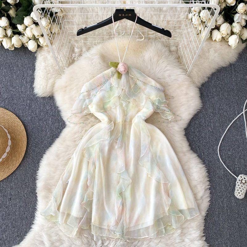 

Retro Atmosphere Mesh Fairy Dress Halter Spaghetti Straps Image color S