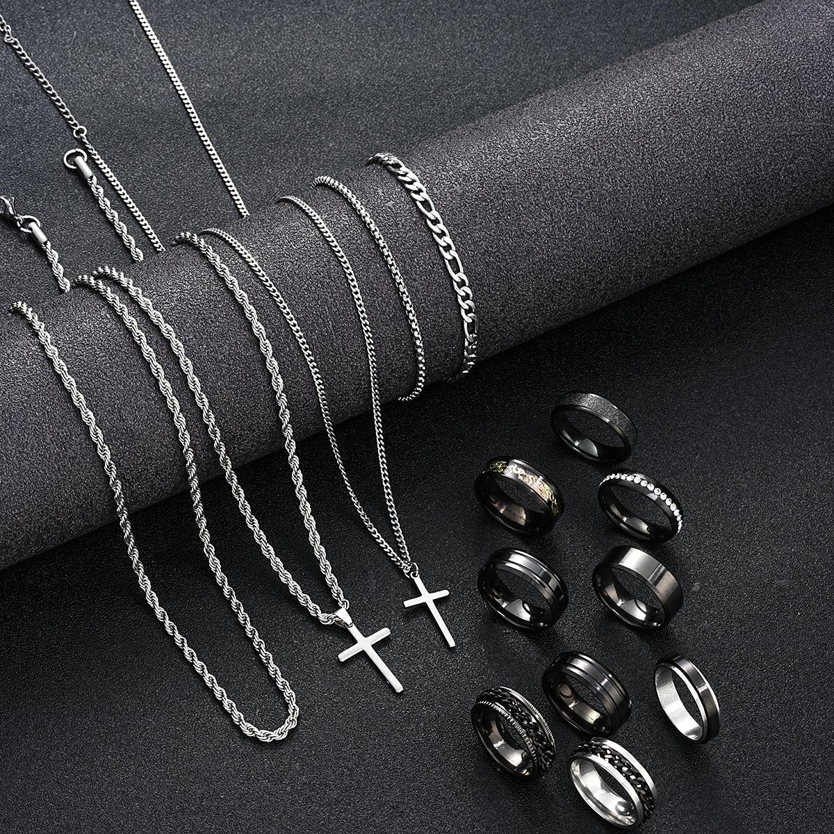 

New Punk Stainless Steel Cross Pendant Necklace Ring Bracelet Set for Men Women 14 Pcs Hip Pop Trendy Unisex Jewelry Set Gifts