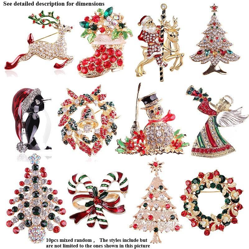 10pcs Festive Christmas Brooch Pin Set - Sparkling Crystal & Enamel Holiday Designs with Santa, Reindeer, Snowflakes & More