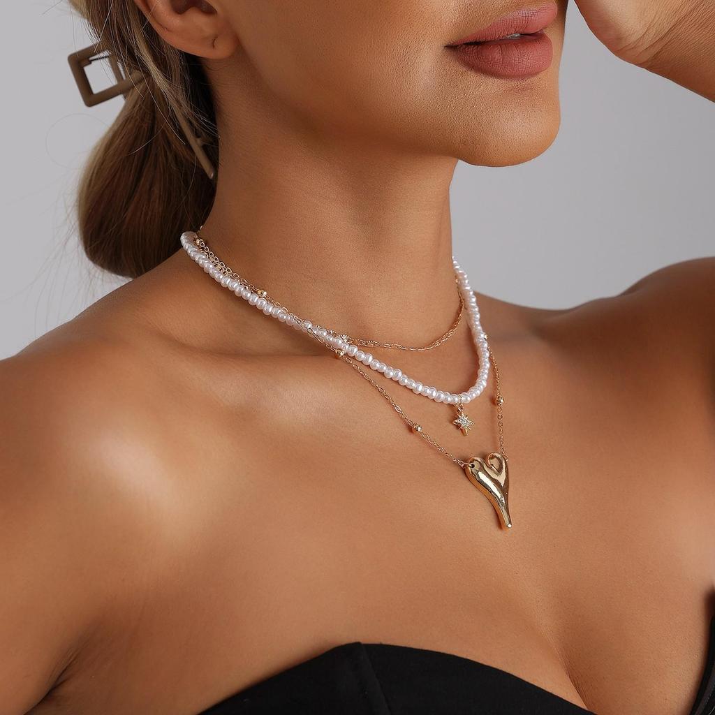 European & American Cross-border Luxury Layered Necklace with Irregular Heart, Star, & Imitation Pearl Design