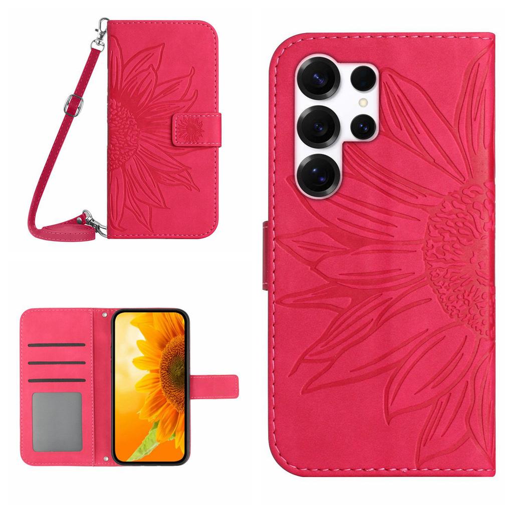 For Samsung Galaxy S26 Ultra Wallet Case Sunflower Imprinted PU Leather Phone Stand Cover with Shoulder Strap