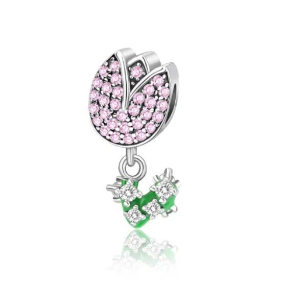 Copper Full Diamond Charms Colorful Heart Blooming Rose Round Beads Pendant Fit Original Bracelets Necklace Jewelry