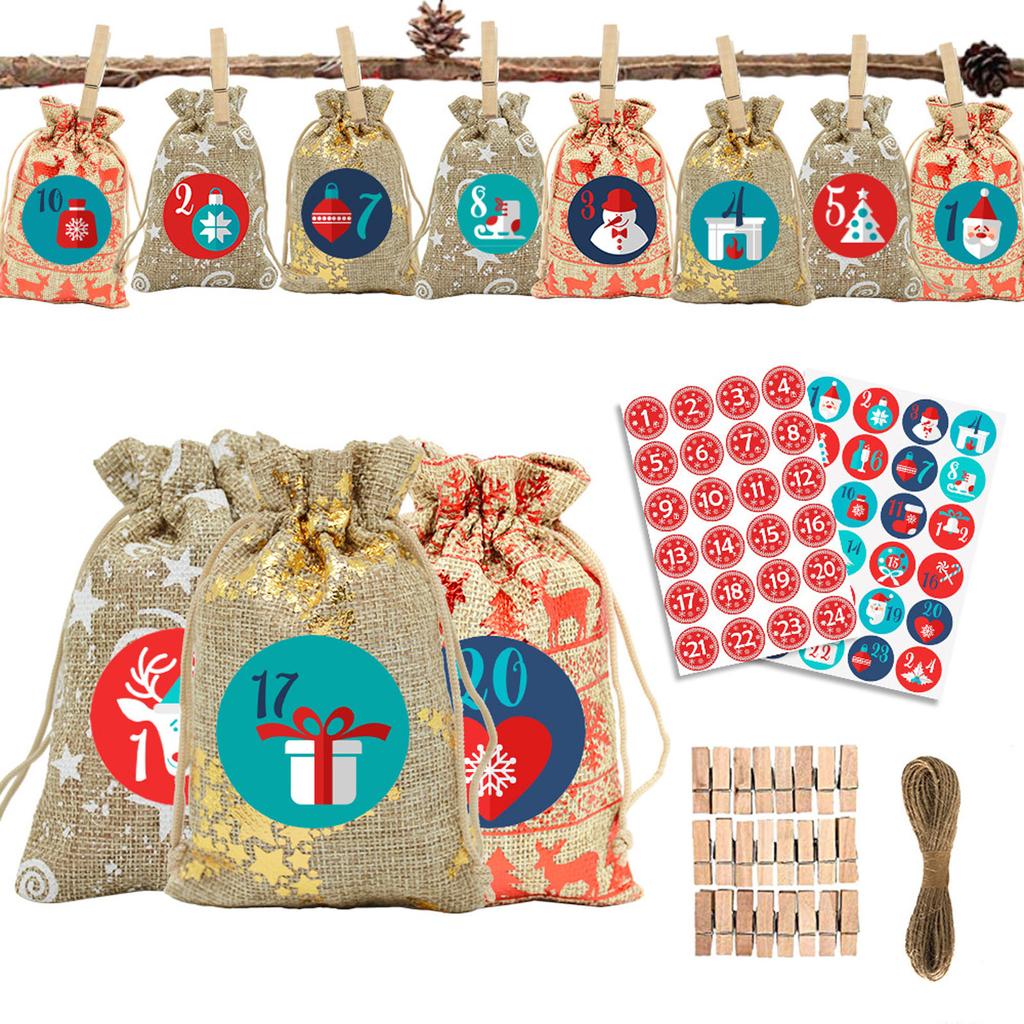 DIY Christmas Advent Calendar Gift Bag Set Children Birthday Holiday Candy Wrap