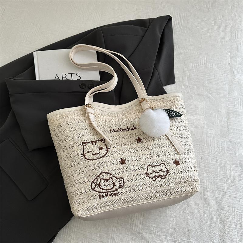 Woven Fashionable Large-capacity Cat Embroidery Tote Bag, New Trendy Foreign Style, Casual Commuting Temperament, Simple Beach Bag
