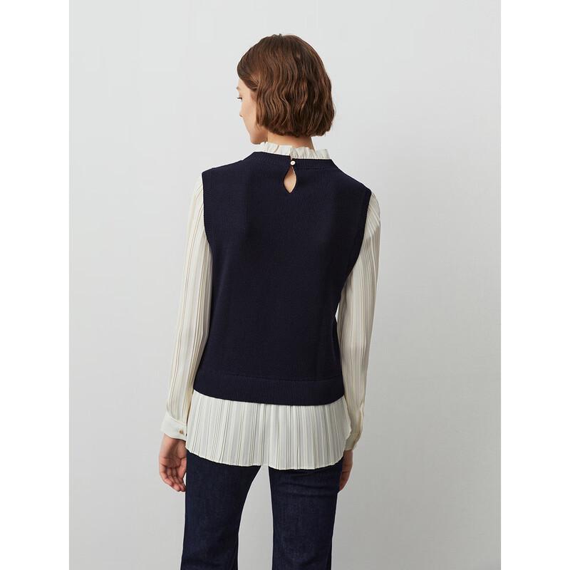 Langzi Elegant Pure Wool Faux Two-Piece Design Knit Sweater