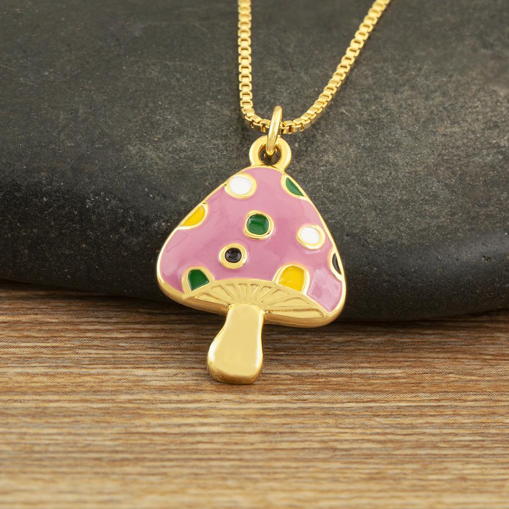 Nidin Cute Enamel Mushroom Pendant Necklace For Women Girls Colorful Zircon Dainty Chain Choker Aesthetic Trendy Jewelry Gifts