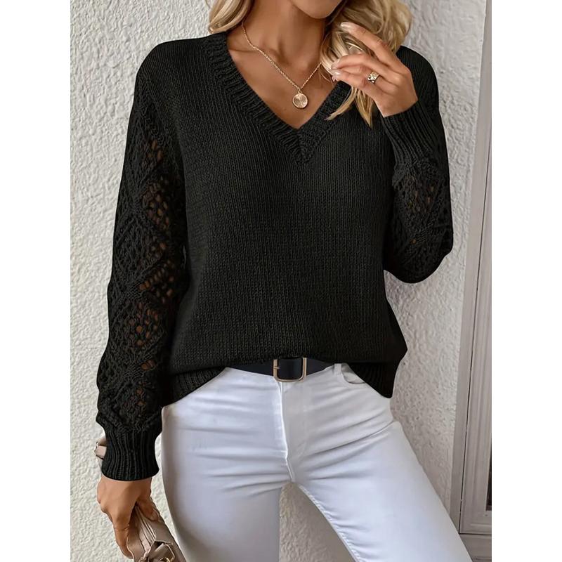 V-Ausschnitt Lochmuster Damen Strickpullover Einfarbig Langärmelige Pullover Neu Gemütlich Koreanischer Stil Damen Bequeme Kleidung