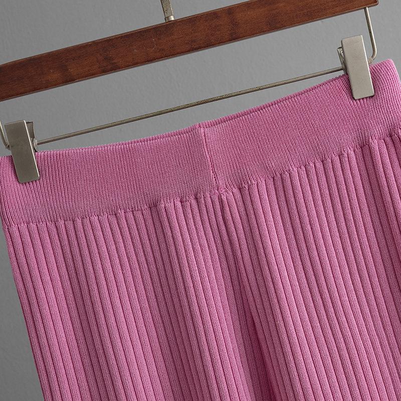 QICED Letní jednobarevný vyšívaný ležérní módní set s kulatým výstřihem, krátkým rukávem a dlouhými kalhotami, pletený dvoudílný set