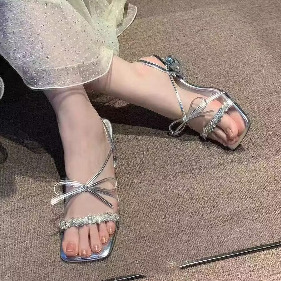 

Rhinestone sandals women s 2025 summer new high heels wear beautiful fairy style French thick heel cool slippers 40