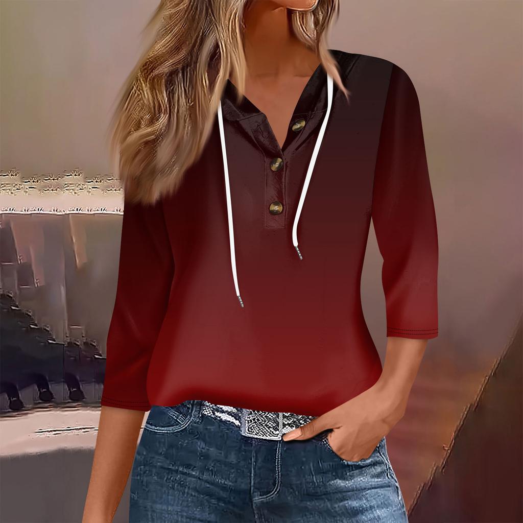 Women's Fashion Seven Split Sleeve Button Casual Hooded Printed T-Shirt Top