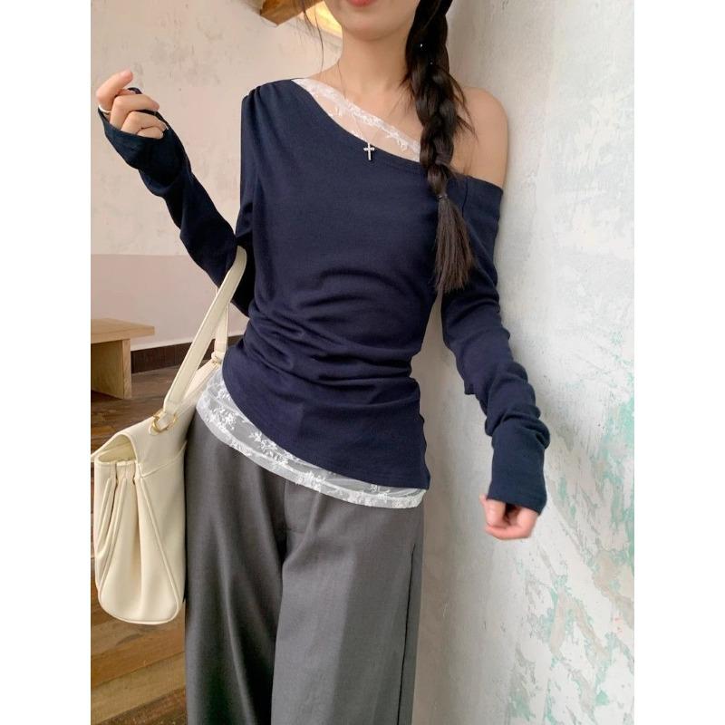 Sweet Hot Girl Style Oblique Shoulder Lace Splicing Long-sleeved T-shirt for Women Early Autumn New Style Off-shoulder Slim Fit Inner Top Trendy