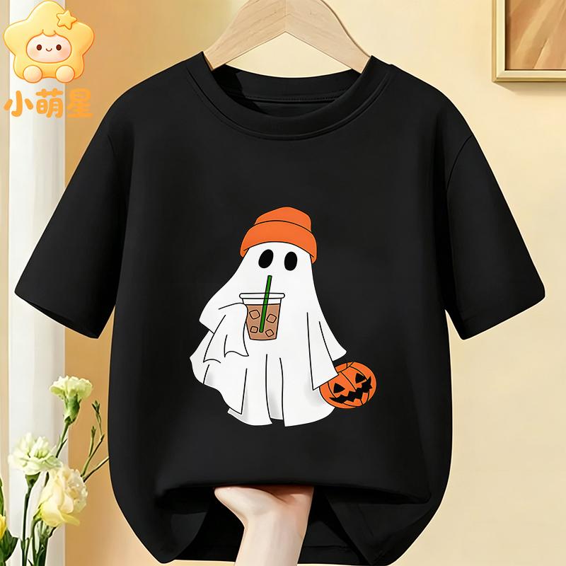 Cotton Kids Halloween T‑Shirt Adorable Ghost Riding Bike Flower Basket Bat Star Holiday Print Short Sleeve O‑Neck Children Tees